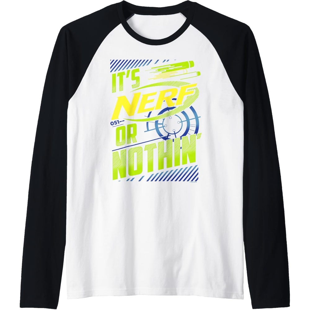image:imageNerf Its Nerf Or Nothin Retro Bold Logo Raglan Baseball TeeBlackWhite