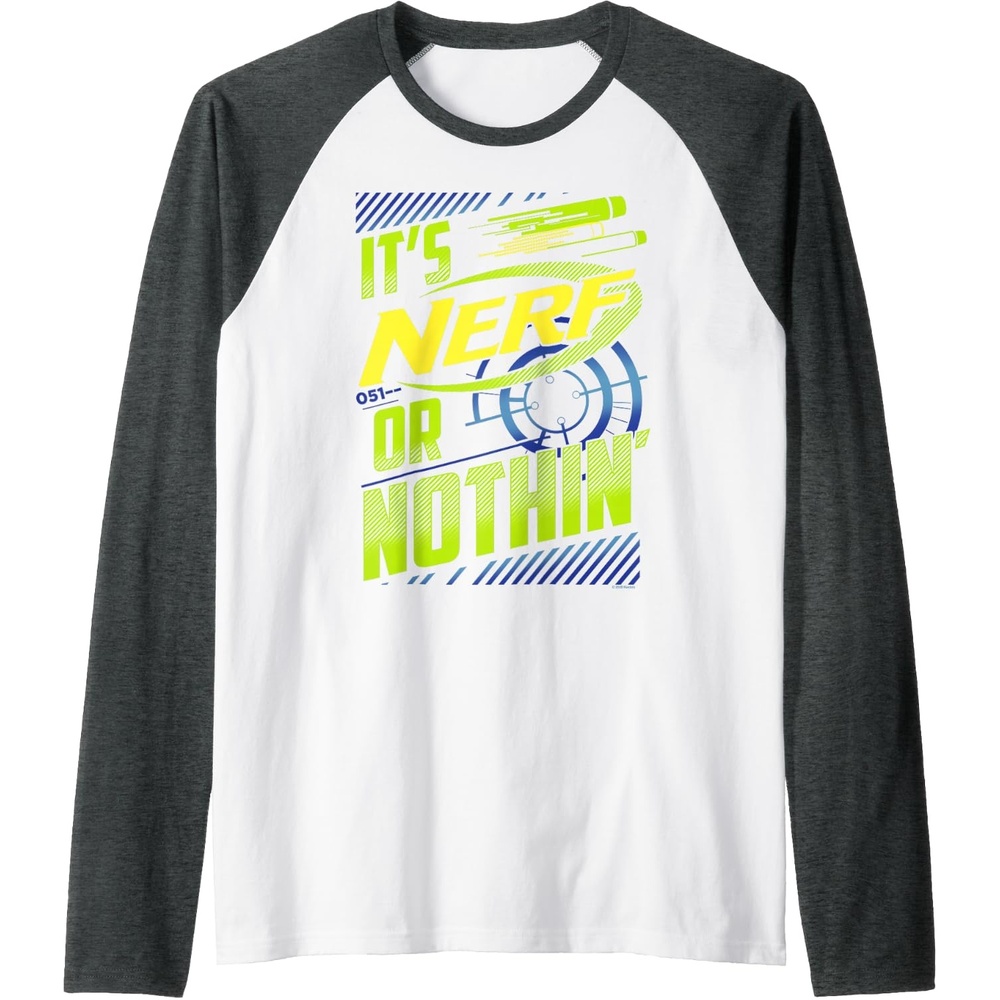 image:imageNerf Its Nerf Or Nothin Retro Bold Logo Raglan Baseball TeeDark Heather GreyWhite