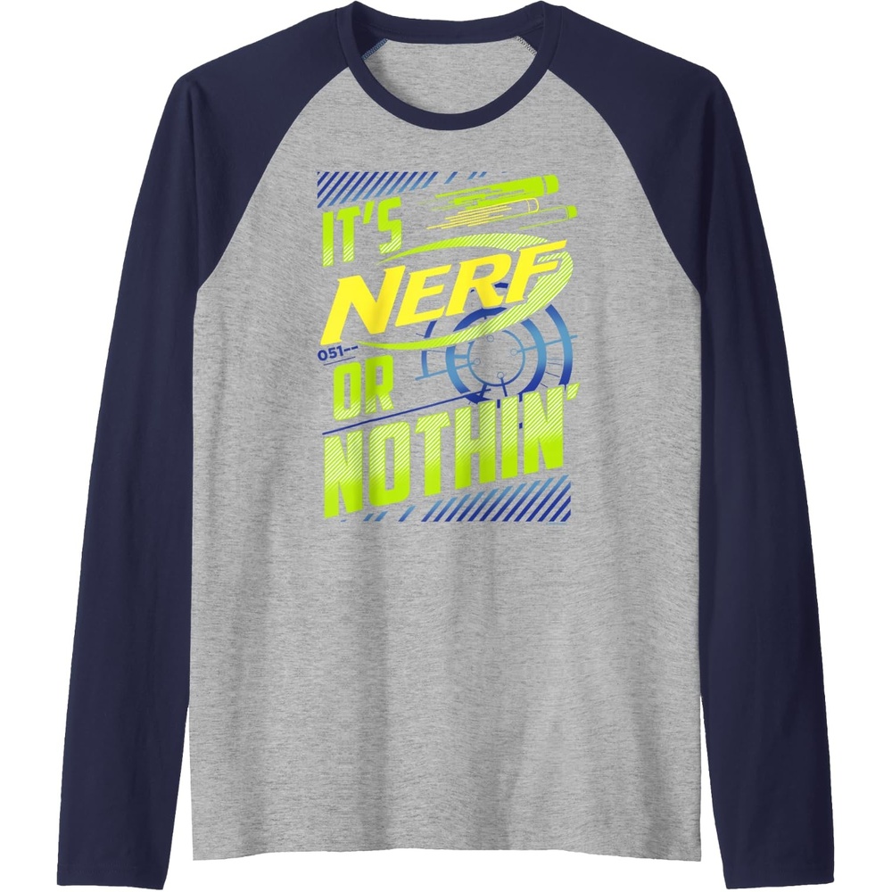 image:imageNerf Its Nerf Or Nothin Retro Bold Logo Raglan Baseball TeeNavy BlueAthletic Heather
