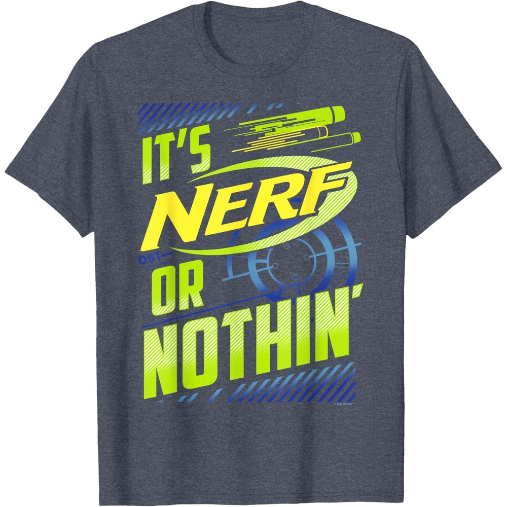 image:imageNerf Its Nerf Or Nothin Retro Bold Logo TShirt SmallHeather Blue