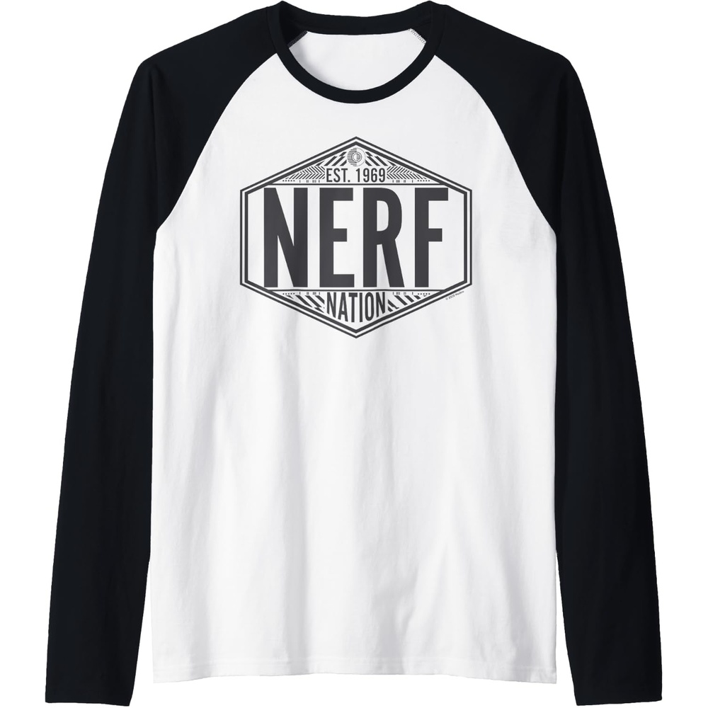 image:imageNerf Nation Est 1969 Neon Badge Logo V2 Raglan Baseball TeeBlackWhite