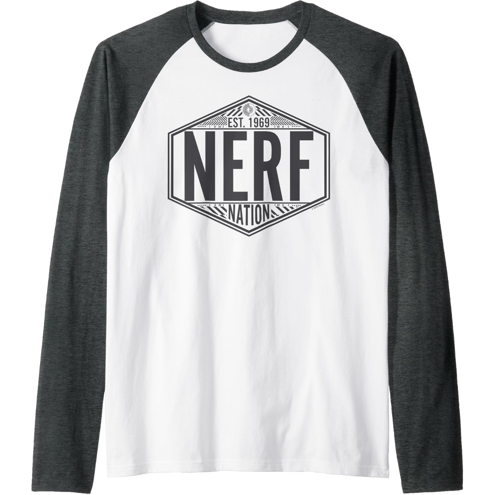image:imageNerf Nation Est 1969 Neon Badge Logo V2 Raglan Baseball TeeDark Heather GreyWhite