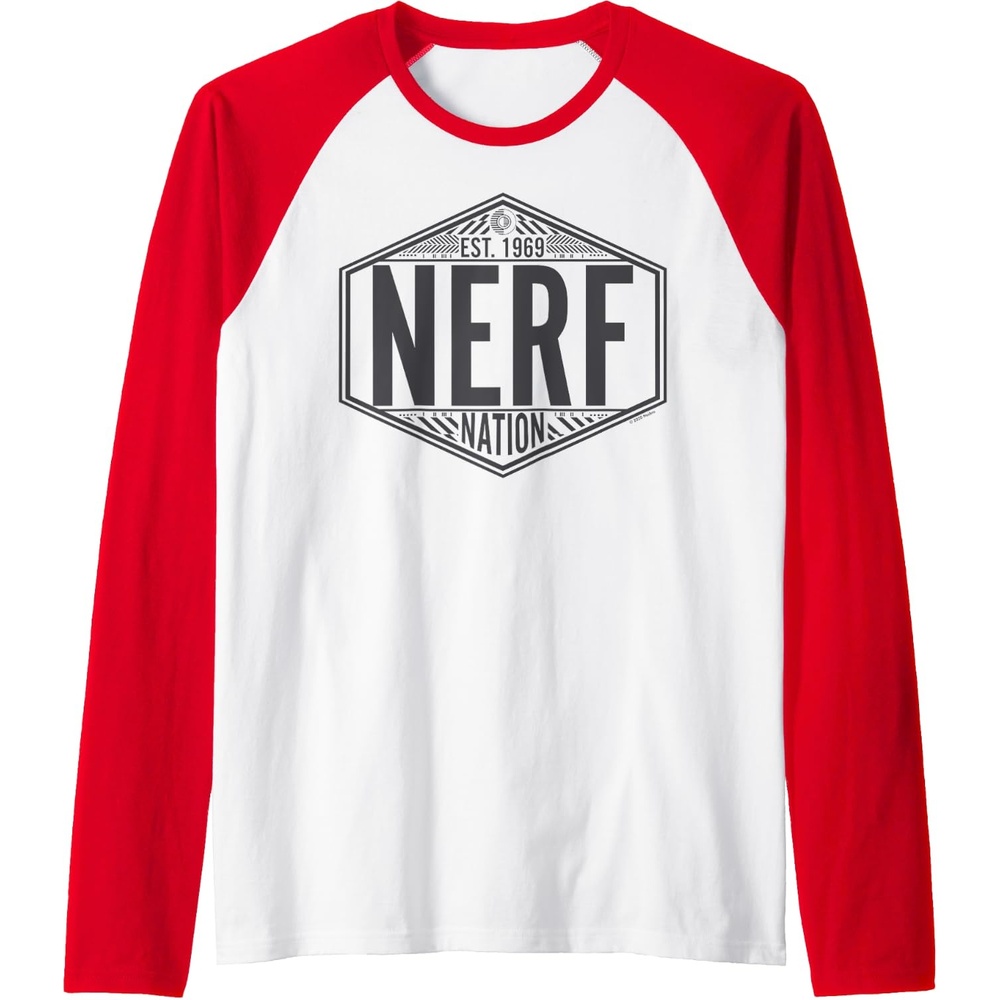 image:imageNerf Nation Est 1969 Neon Badge Logo V2 Raglan Baseball TeeRedWhite
