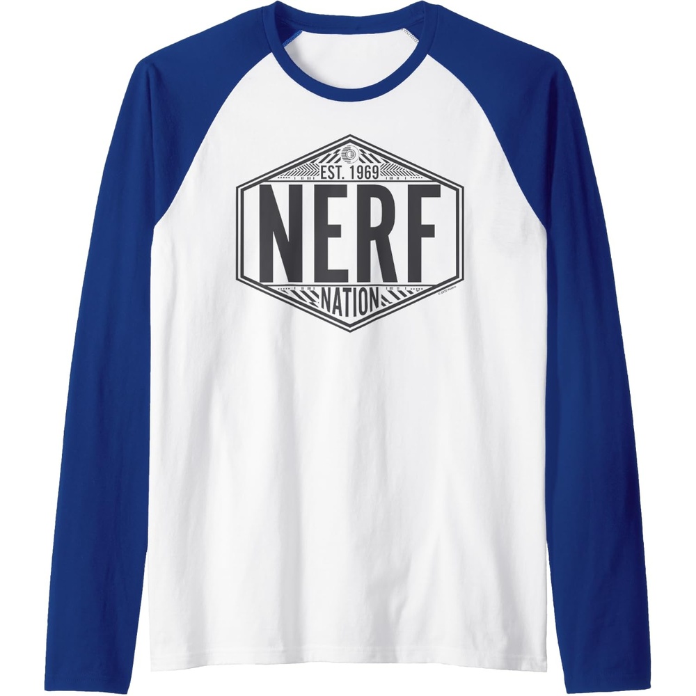 image:imageNerf Nation Est 1969 Neon Badge Logo V2 Raglan Baseball TeeRoyal BlueWhite