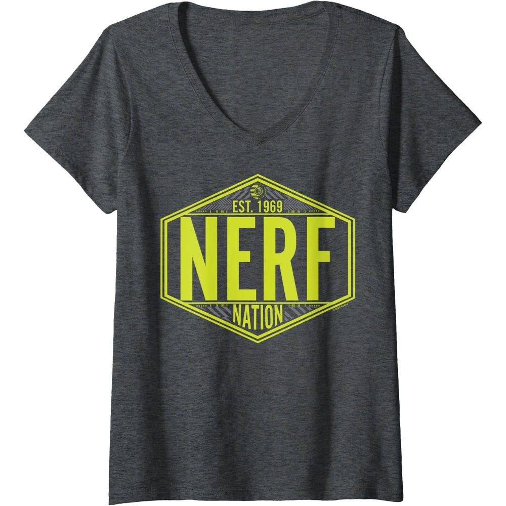 image:imageNerf Nation Est 1969 Neon Badge Logo VNeck TShirtDark Heather Grey