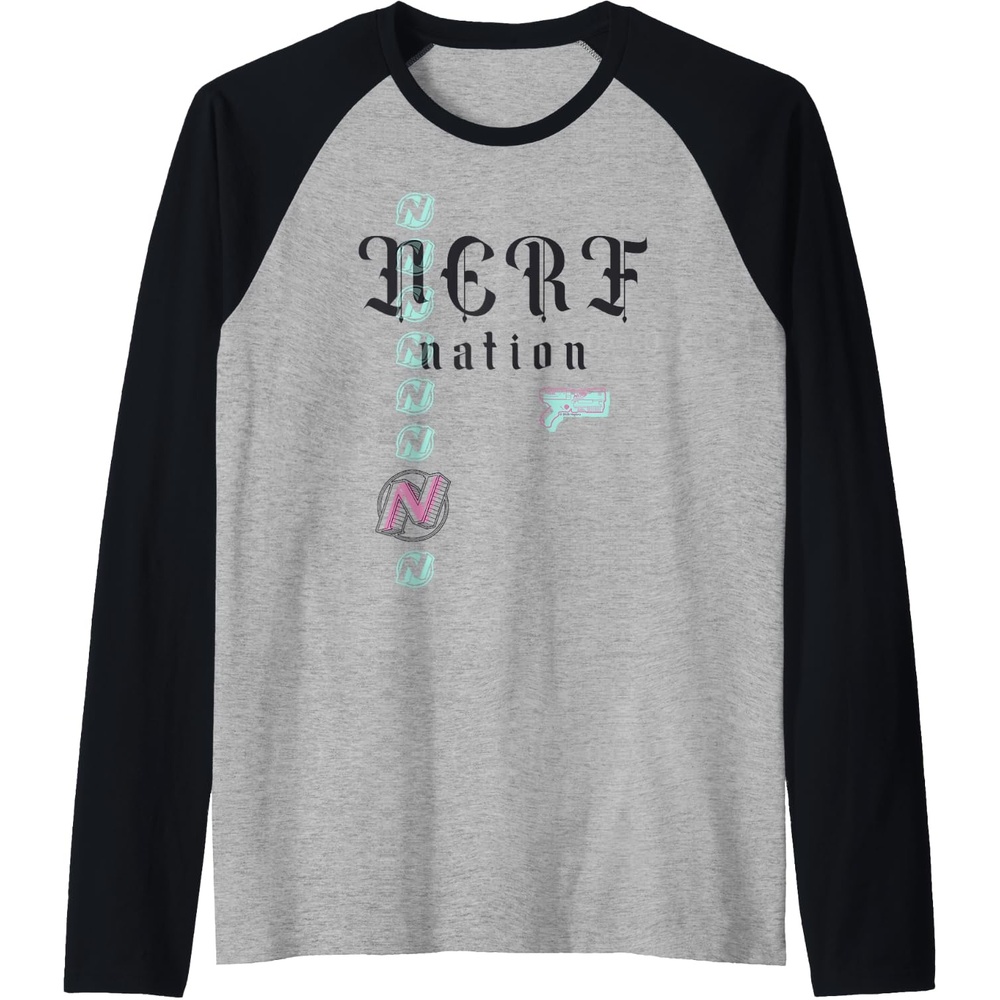 image:imageNerf Nation Logo Stack Blaster Raglan Baseball TeeBlackAthletic Heather