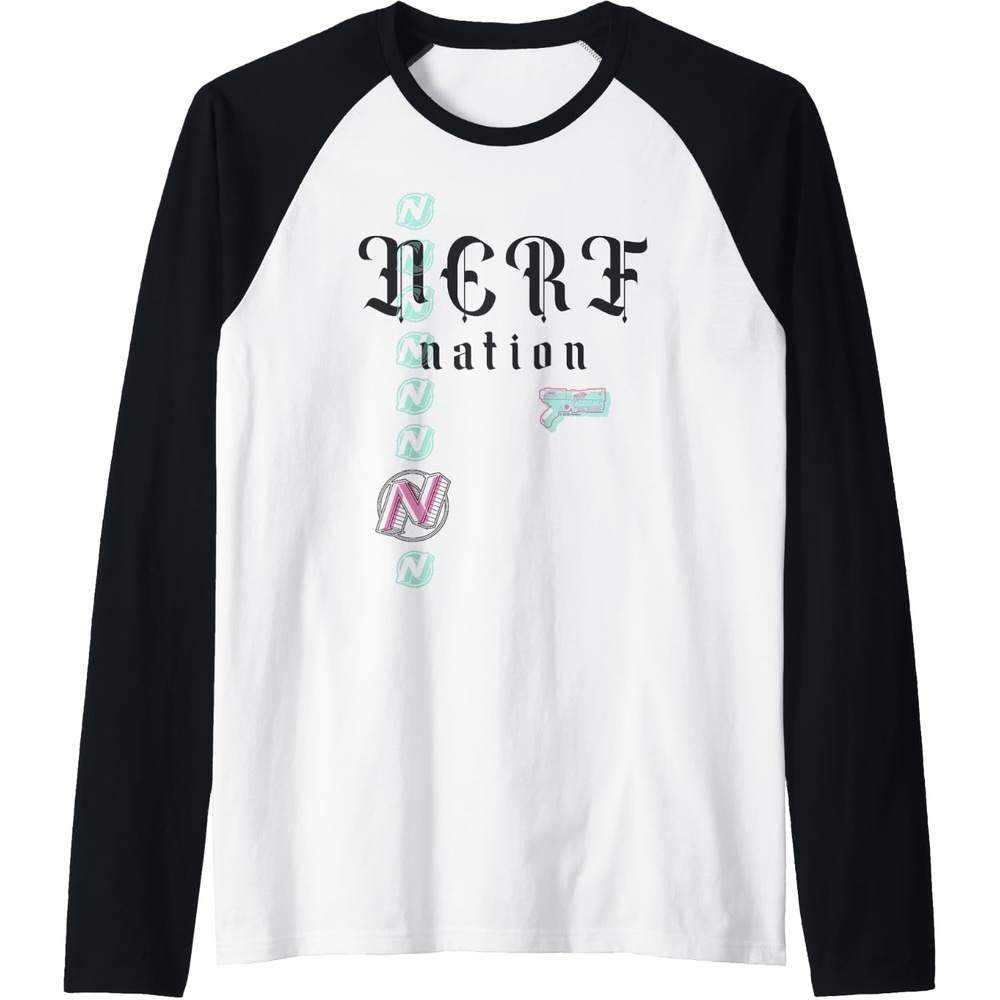 image:imageNerf Nation Logo Stack Blaster Raglan Baseball TeeBlackWhite
