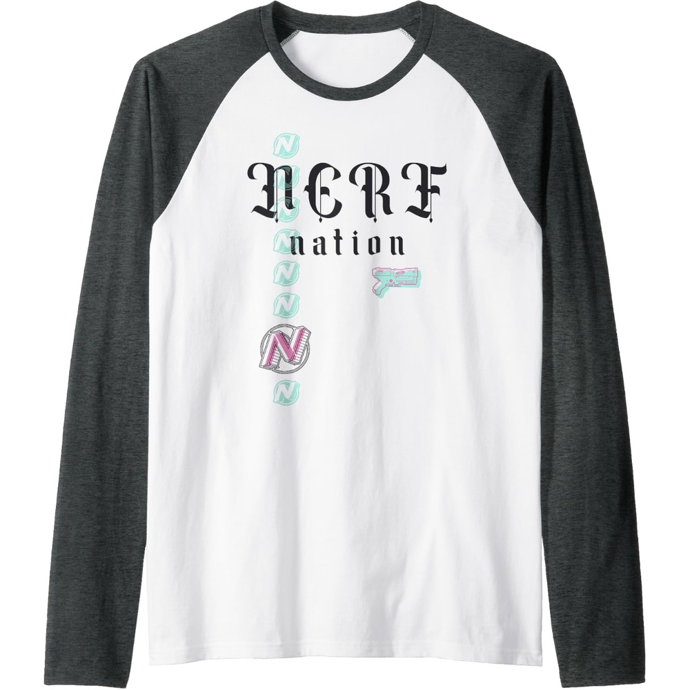 image:imageNerf Nation Logo Stack Blaster Raglan Baseball TeeDark Heather GreyWhite