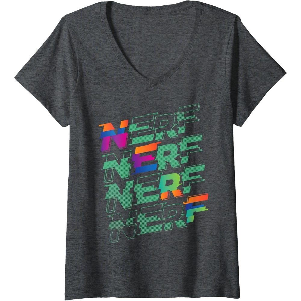 image:imageWomens Nerf Glitch Color Logo Stack VNeck TShirtDark Heather Grey