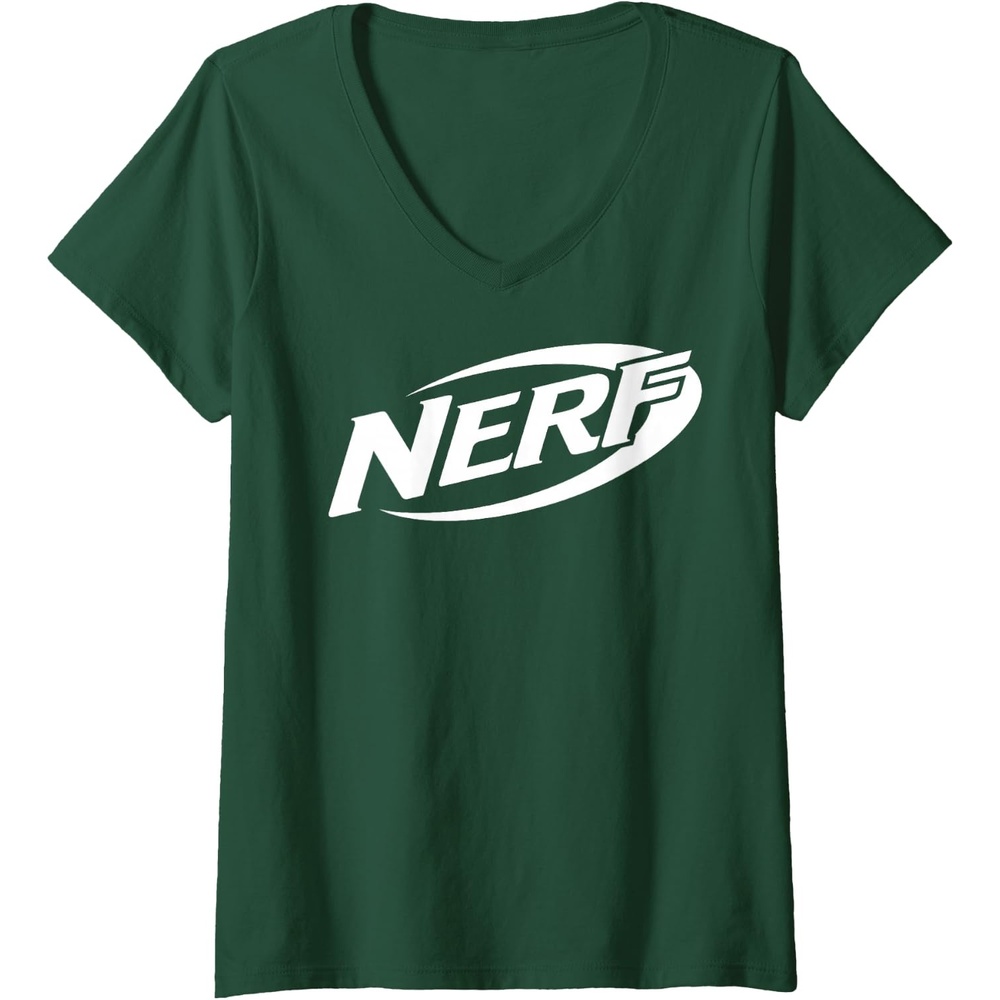image:imageWomens Nerf Simple White Retro Logo VNeck TShirtDark Green