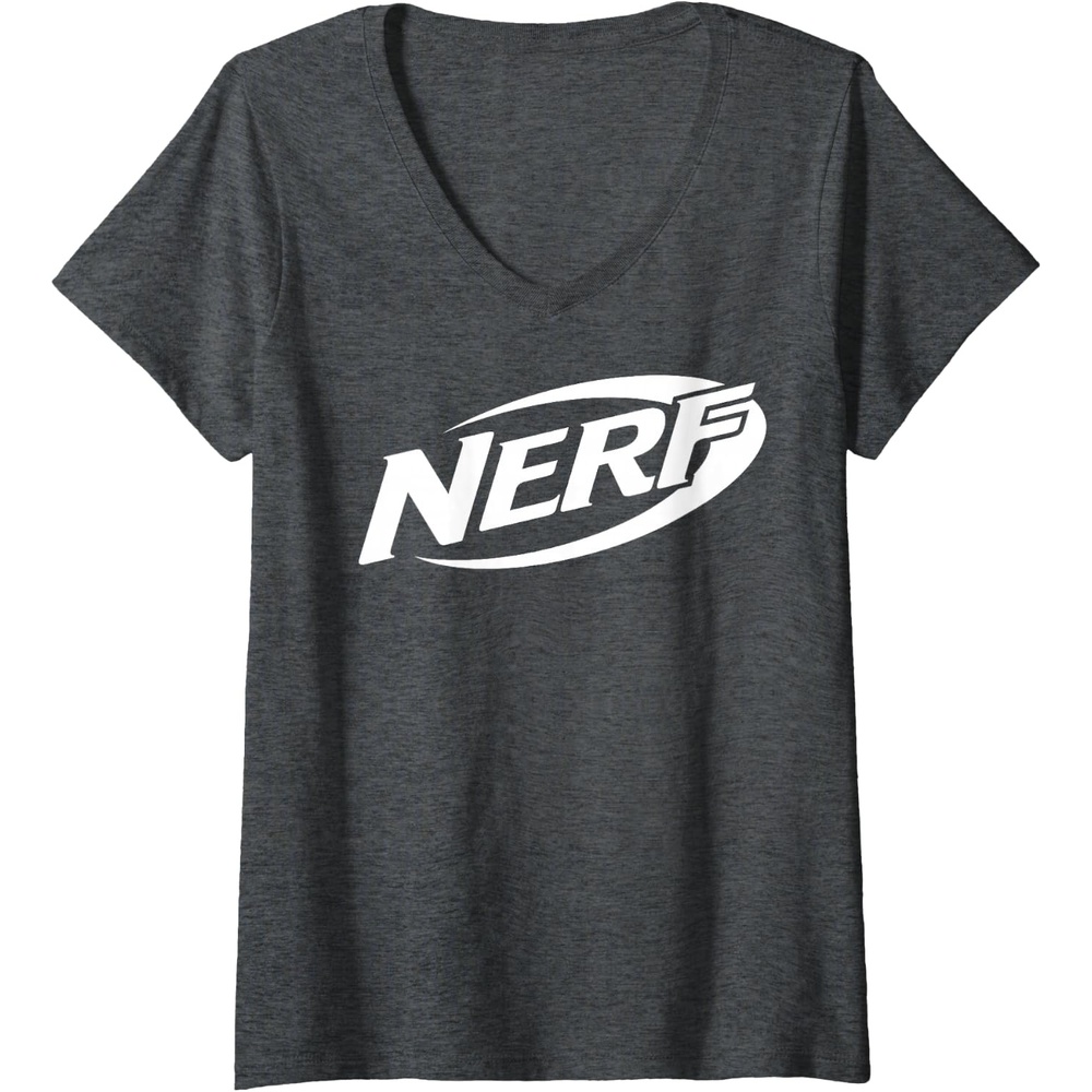 image:imageWomens Nerf Simple White Retro Logo VNeck TShirtDark Heather Grey