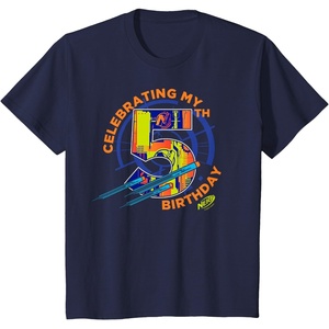 Kids Nerf Birthday Celebrating My 5th Graphic Color Filled Logo T-Shirt(Navy Blue)
