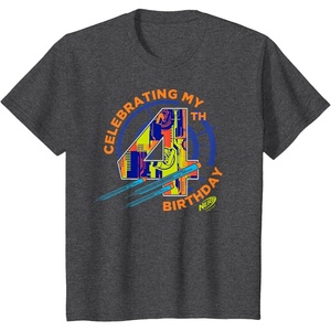Nerf Birthday Celebrating My 4th Graphic Color Filled Logo T-Shirt(Dark Heather Grey)