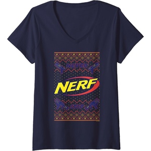 Nerf Christmas Never Stop Ugly Sweater V-Neck T-Shirt(Navy Blue)