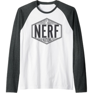 Nerf Nation Est 1969 Neon Badge Logo V2 Raglan Baseball Tee(Dark Heather Grey/White)