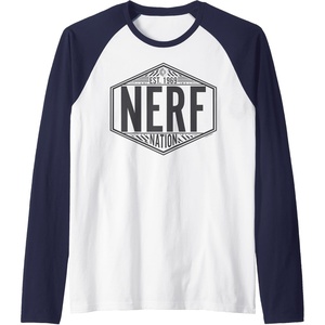 Nerf Nation Est 1969 Neon Badge Logo V2 Raglan Baseball Tee(Navy Blue/White)