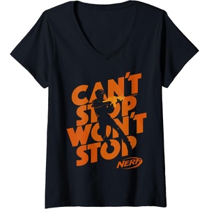 Womens Nerf Can’t Stop Won’t Stop Silhouette V-Neck T-Shirt(Black)