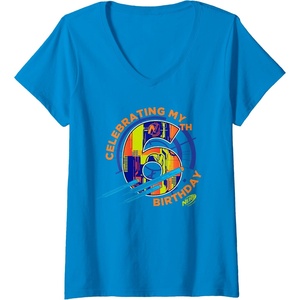 Womens Nerf Celebrating My 6th Birthday V-Neck T-Shirt(Sapphire Blue)
