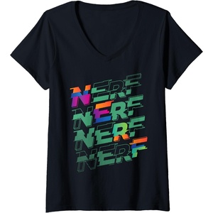 Womens Nerf Glitch Color Logo Stack V-Neck T-Shirt(Black)