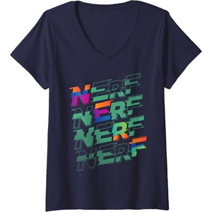 Womens Nerf Glitch Color Logo Stack V-Neck T-Shirt(Navy Blue)