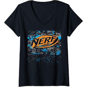 Womens Nerf Logo Glitch Camouflage V-Neck T-Shirt(Black)