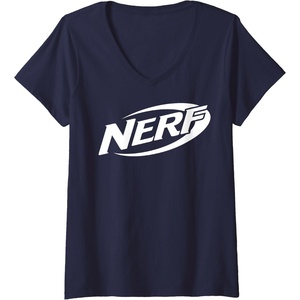 Womens Nerf Simple White Retro Logo V-Neck T-Shirt(Navy Blue)