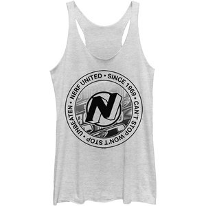 Hasbro Women’s Nerf Vintage Stamp Tri-Blend Racerback Layering Tank(White Heather)