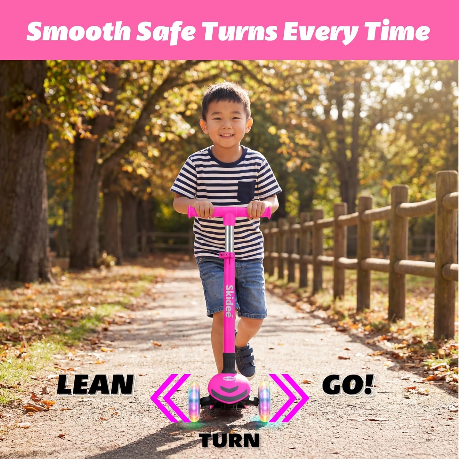 image:imageSKIDEE Kick Scooter for Kids Ages 35 Foldable 3 Wheel Scooter with LeantoSteer Adjustable Height Removable Seat amp LED Light Wheels Toddler Scooter Up to 12 Year Old BoysGirlsBright Pink