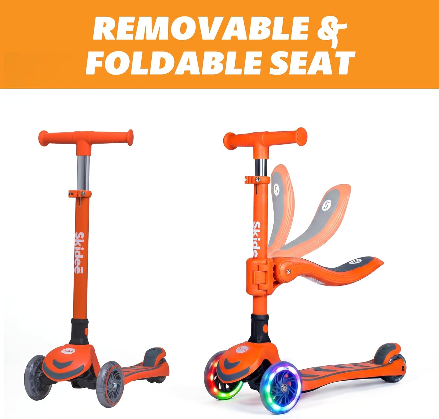 image:imageSKIDEE Kick Scooter for Kids Ages 35 Foldable 3 Wheel Scooter with LeantoSteer Adjustable Height Removable Seat amp LED Light Wheels Toddler Scooter Up to 12 Year Old BoysGirlsNeon Orange