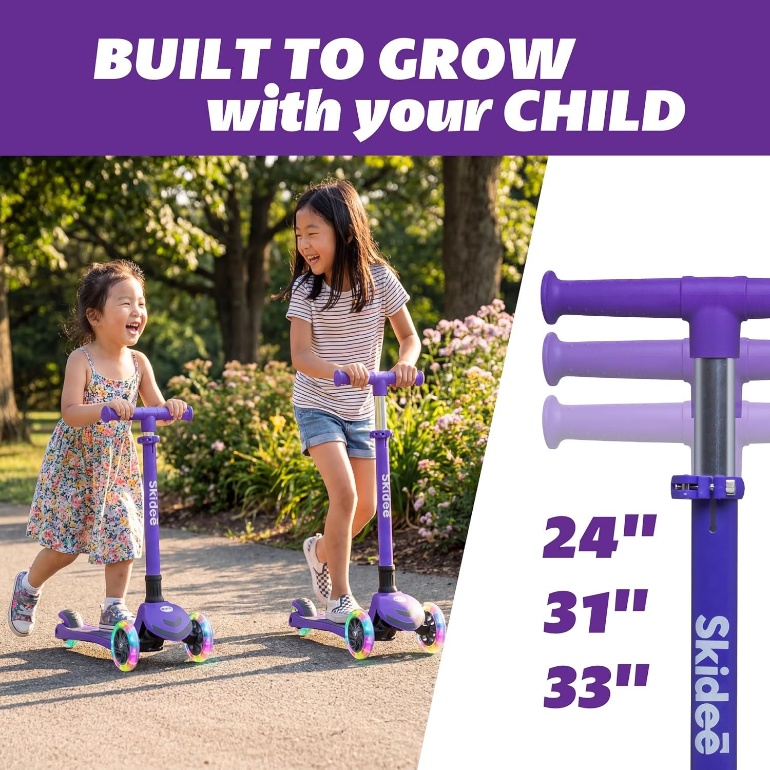 image:imageSKIDEE Kick Scooter for Kids Ages 35 Foldable 3 Wheel Scooter with LeantoSteer Adjustable Height Removable Seat amp LED Light Wheels Toddler Scooter Up to 12 Year Old BoysGirlsRoyal Purple