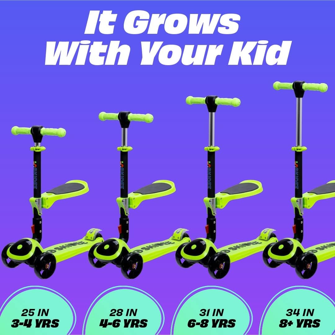 image:imageSKIDEE Kick Scooter for Kids Ages 35 Foldable 3 Wheel Scooter with LeantoSteer Adjustable Height Removable Seat amp LED Light Wheels Toddler Scooter Up to 12 Year Old BoysGirlsGreen