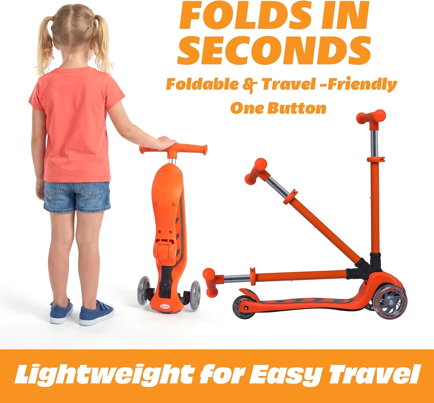 image:imageSKIDEE Kick Scooter for Kids Ages 35 Foldable 3 Wheel Scooter with LeantoSteer Adjustable Height Removable Seat amp LED Light Wheels Toddler Scooter Up to 12 Year Old BoysGirlsNeon Orange