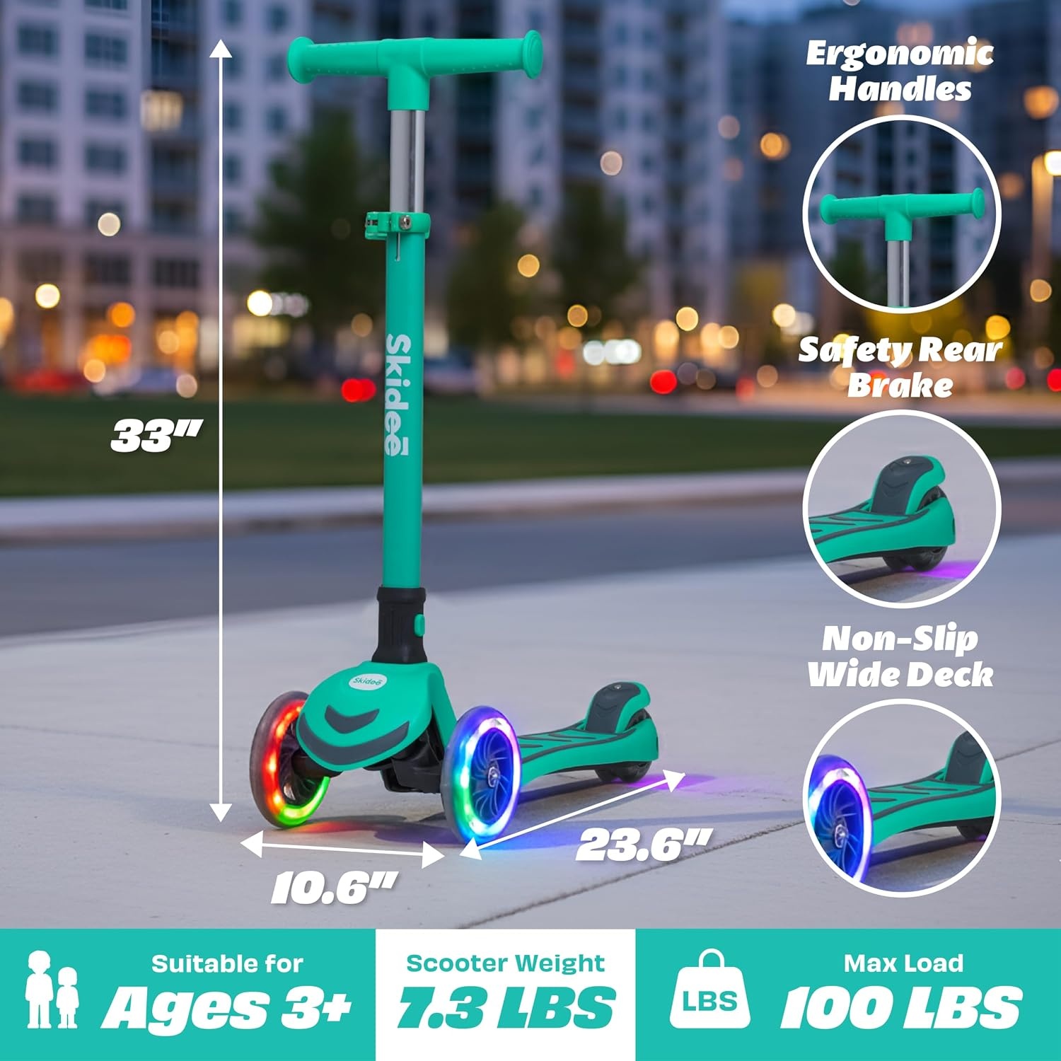 image:imageSKIDEE Kick Scooter for Kids Ages 35 Foldable 3 Wheel Scooter with LeantoSteer Adjustable Height Removable Seat amp LED Light Wheels Toddler Scooter Up to 12 Year Old BoysGirlsMint Green
