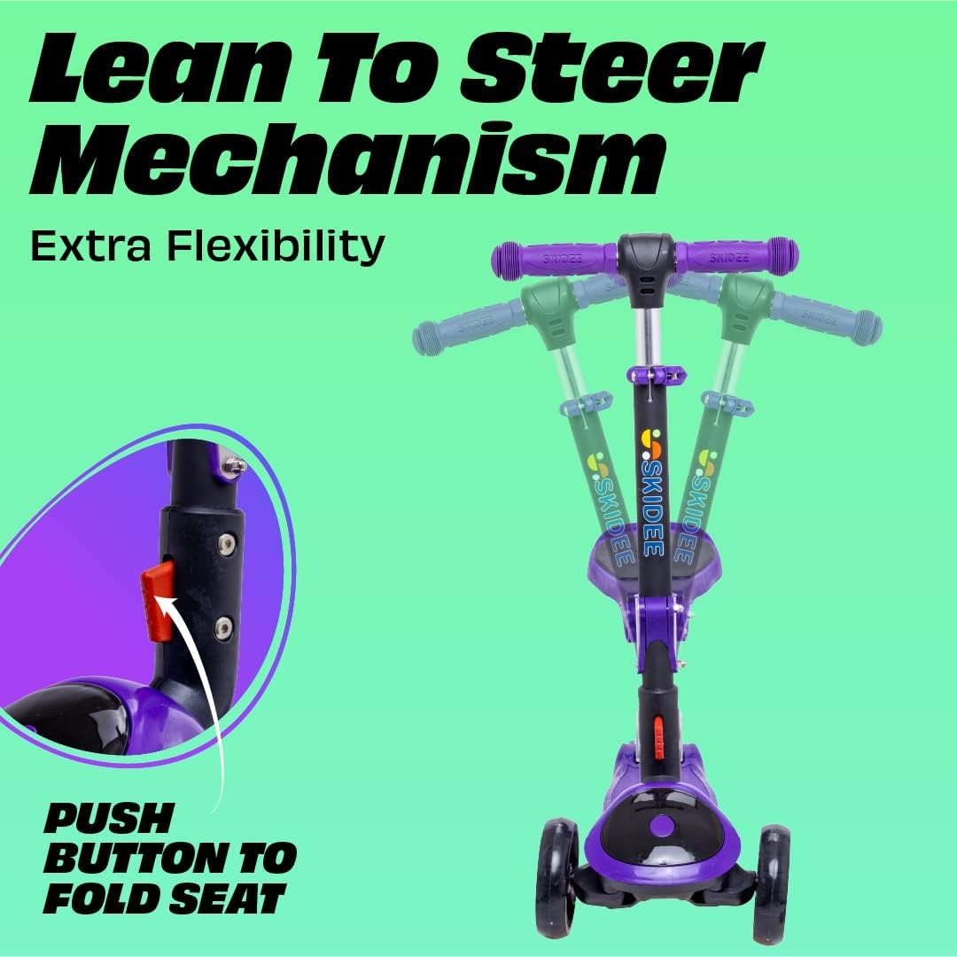image:imageSKIDEE Kick Scooter for Kids Ages 35 Foldable 3 Wheel Scooter with LeantoSteer Adjustable Height Removable Seat amp LED Light Wheels Toddler Scooter Up to 12 Year Old BoysGirlsPurple