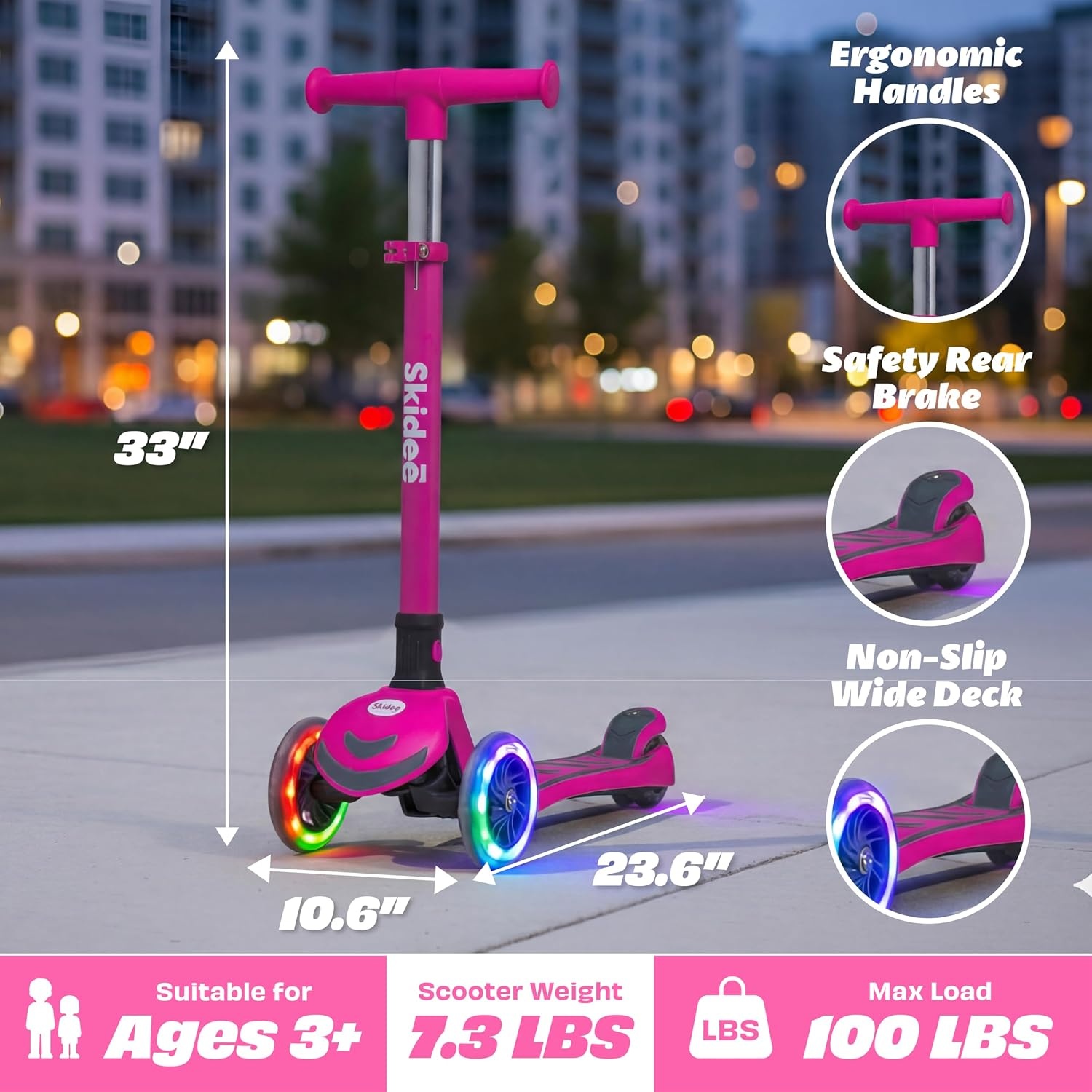 image:imageSKIDEE Kick Scooter for Kids Ages 35 Foldable 3 Wheel Scooter with LeantoSteer Adjustable Height Removable Seat amp LED Light Wheels Toddler Scooter Up to 12 Year Old BoysGirlsBright Pink