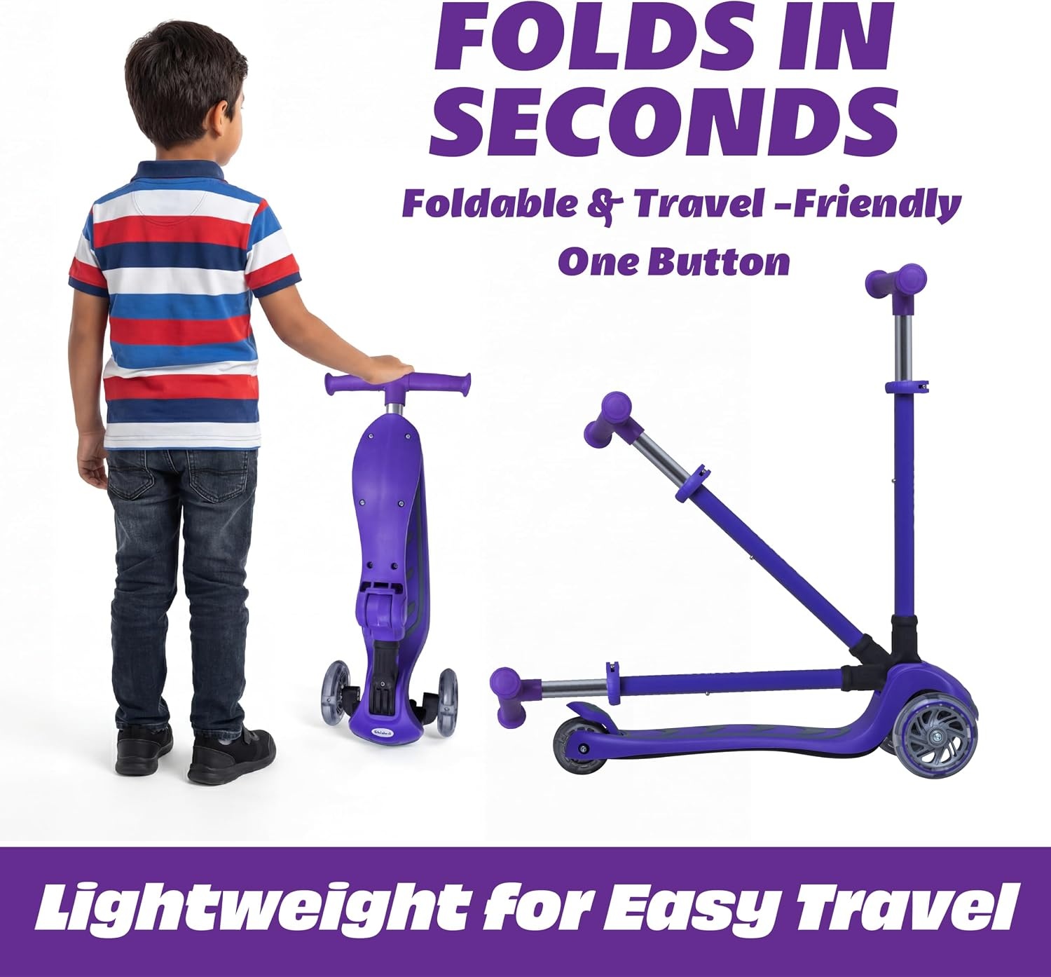 image:imageSKIDEE Kick Scooter for Kids Ages 35 Foldable 3 Wheel Scooter with LeantoSteer Adjustable Height Removable Seat amp LED Light Wheels Toddler Scooter Up to 12 Year Old BoysGirlsRoyal Purple