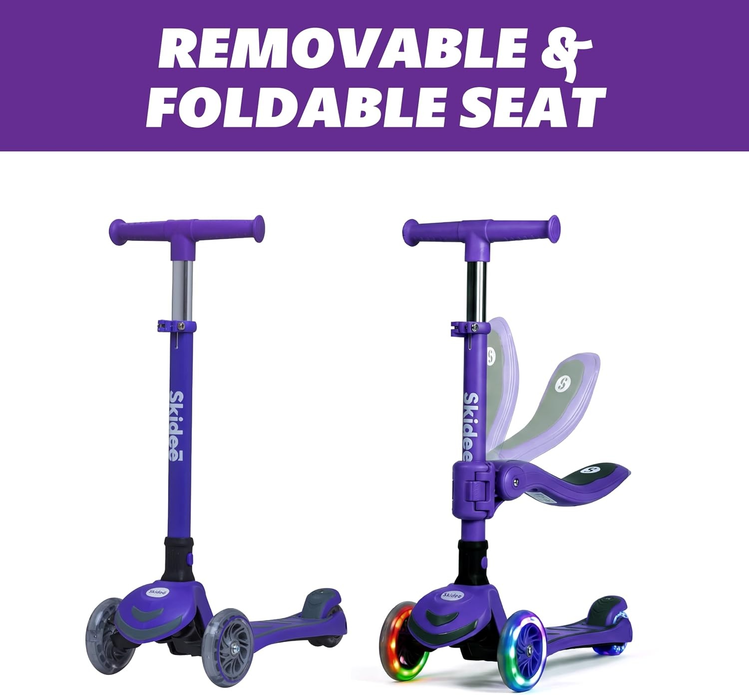 image:imageSKIDEE Kick Scooter for Kids Ages 35 Foldable 3 Wheel Scooter with LeantoSteer Adjustable Height Removable Seat amp LED Light Wheels Toddler Scooter Up to 12 Year Old BoysGirlsRoyal Purple