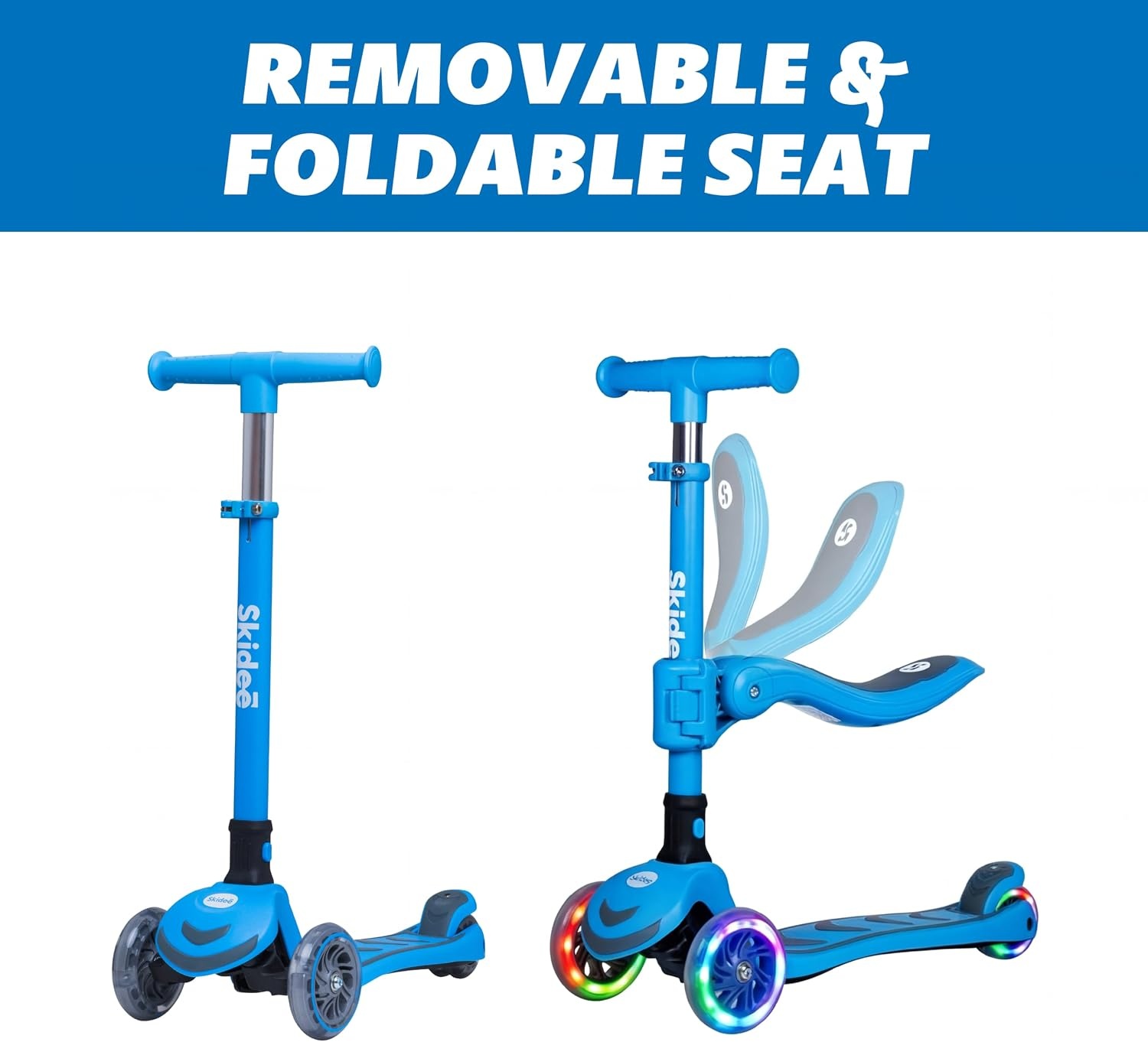 image:imageSKIDEE Kick Scooter for Kids Ages 35 Foldable 3 Wheel Scooter with LeantoSteer Adjustable Height Removable Seat amp LED Light Wheels Toddler Scooter Up to 12 Year Old BoysGirlsOcean Blue