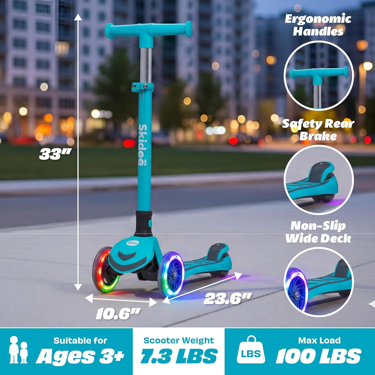 image:imageSKIDEE Kick Scooter for Kids Ages 35 Foldable 3 Wheel Scooter with LeantoSteer Adjustable Height Removable Seat amp LED Light Wheels Toddler Scooter Up to 12 Year Old BoysGirlsTurquoise
