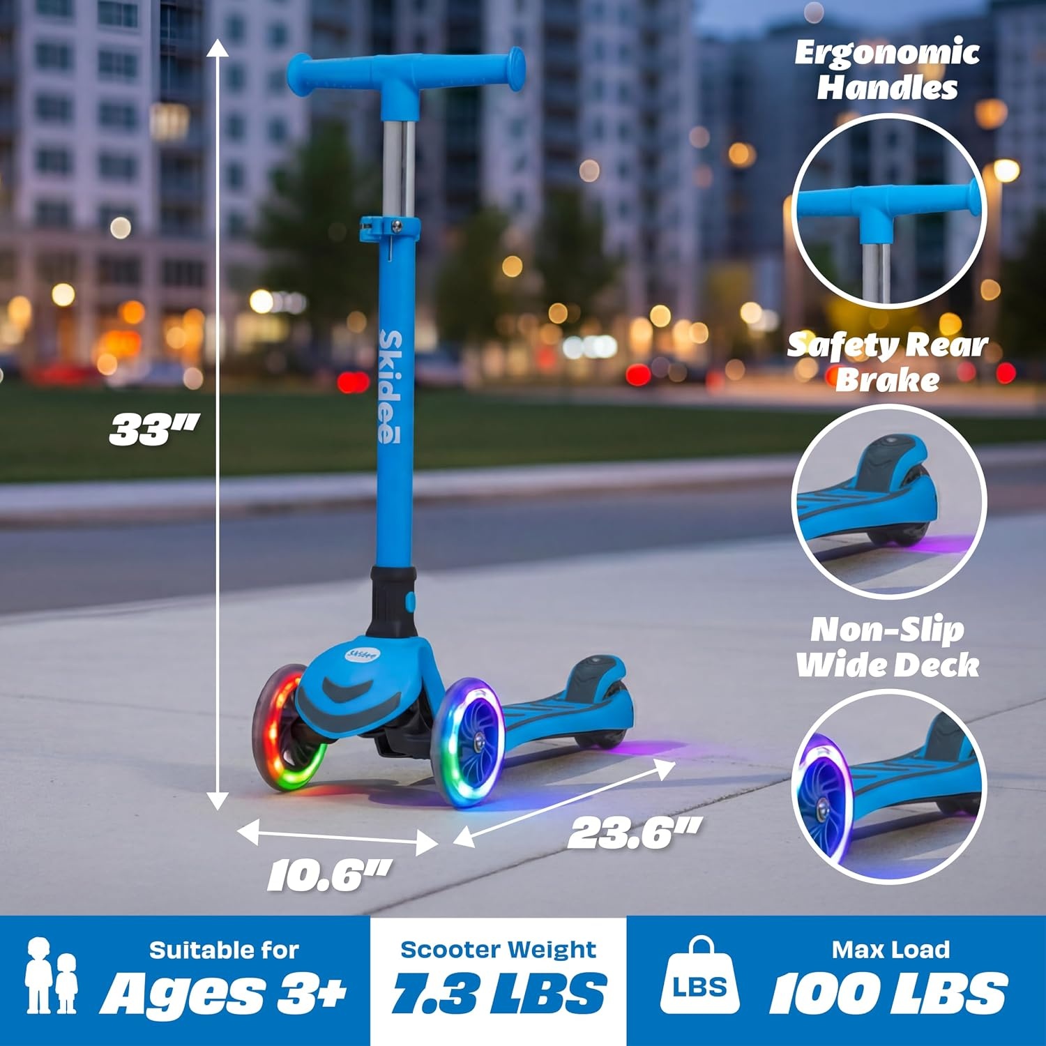 image:imageSKIDEE Kick Scooter for Kids Ages 35 Foldable 3 Wheel Scooter with LeantoSteer Adjustable Height Removable Seat amp LED Light Wheels Toddler Scooter Up to 12 Year Old BoysGirlsOcean Blue