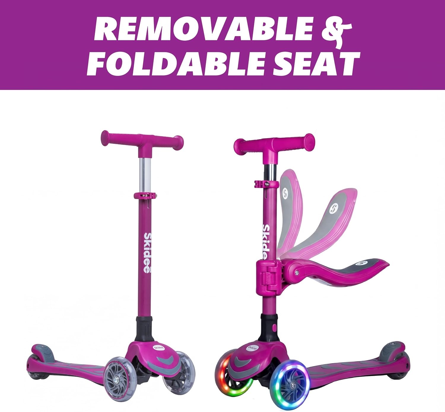 image:imageSKIDEE Kick Scooter for Kids Ages 35 Foldable 3 Wheel Scooter with LeantoSteer Adjustable Height Removable Seat amp LED Light Wheels Toddler Scooter Up to 12 Year Old BoysGirlsRaspberry