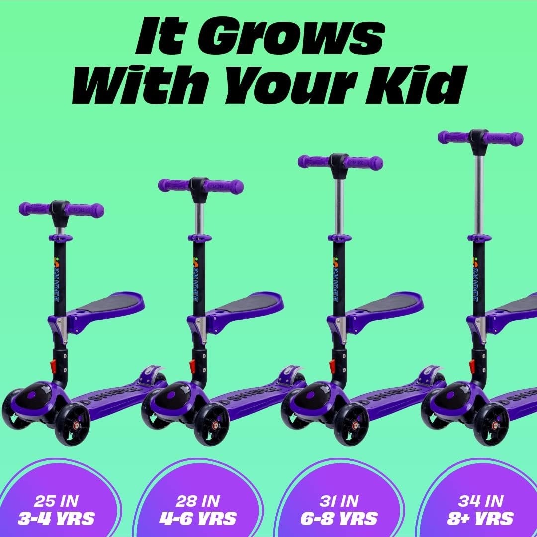 image:imageSKIDEE Kick Scooter for Kids Ages 35 Foldable 3 Wheel Scooter with LeantoSteer Adjustable Height Removable Seat amp LED Light Wheels Toddler Scooter Up to 12 Year Old BoysGirlsPurple