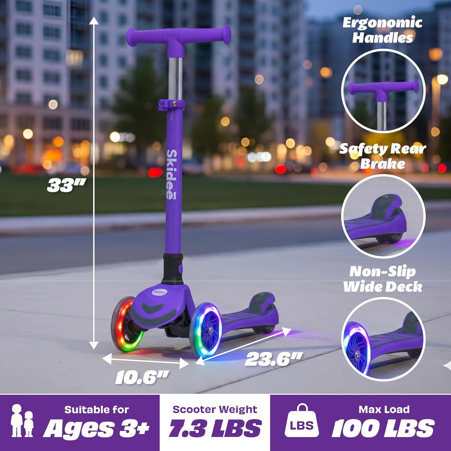 image:imageSKIDEE Kick Scooter for Kids Ages 35 Foldable 3 Wheel Scooter with LeantoSteer Adjustable Height Removable Seat amp LED Light Wheels Toddler Scooter Up to 12 Year Old BoysGirlsRoyal Purple