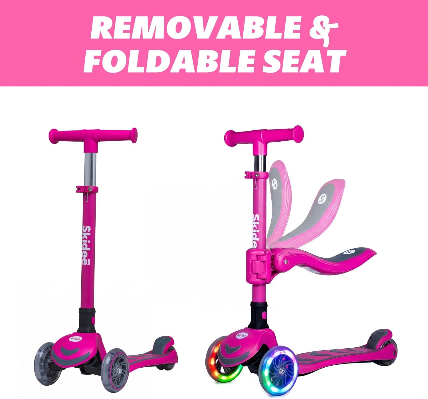 image:imageSKIDEE Kick Scooter for Kids Ages 35 Foldable 3 Wheel Scooter with LeantoSteer Adjustable Height Removable Seat amp LED Light Wheels Toddler Scooter Up to 12 Year Old BoysGirlsBright Pink