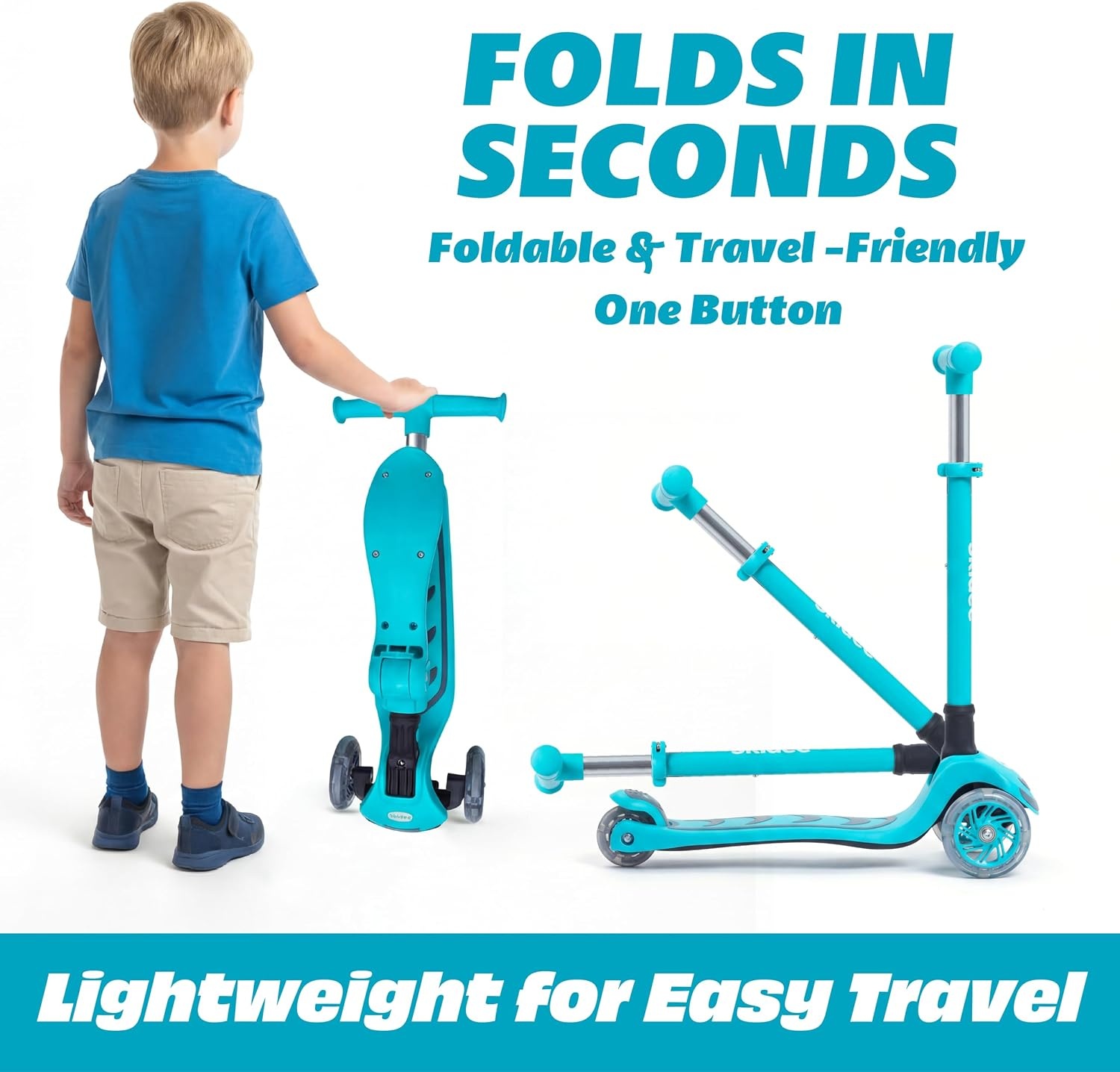 image:imageSKIDEE Kick Scooter for Kids Ages 35 Foldable 3 Wheel Scooter with LeantoSteer Adjustable Height Removable Seat amp LED Light Wheels Toddler Scooter Up to 12 Year Old BoysGirlsTurquoise