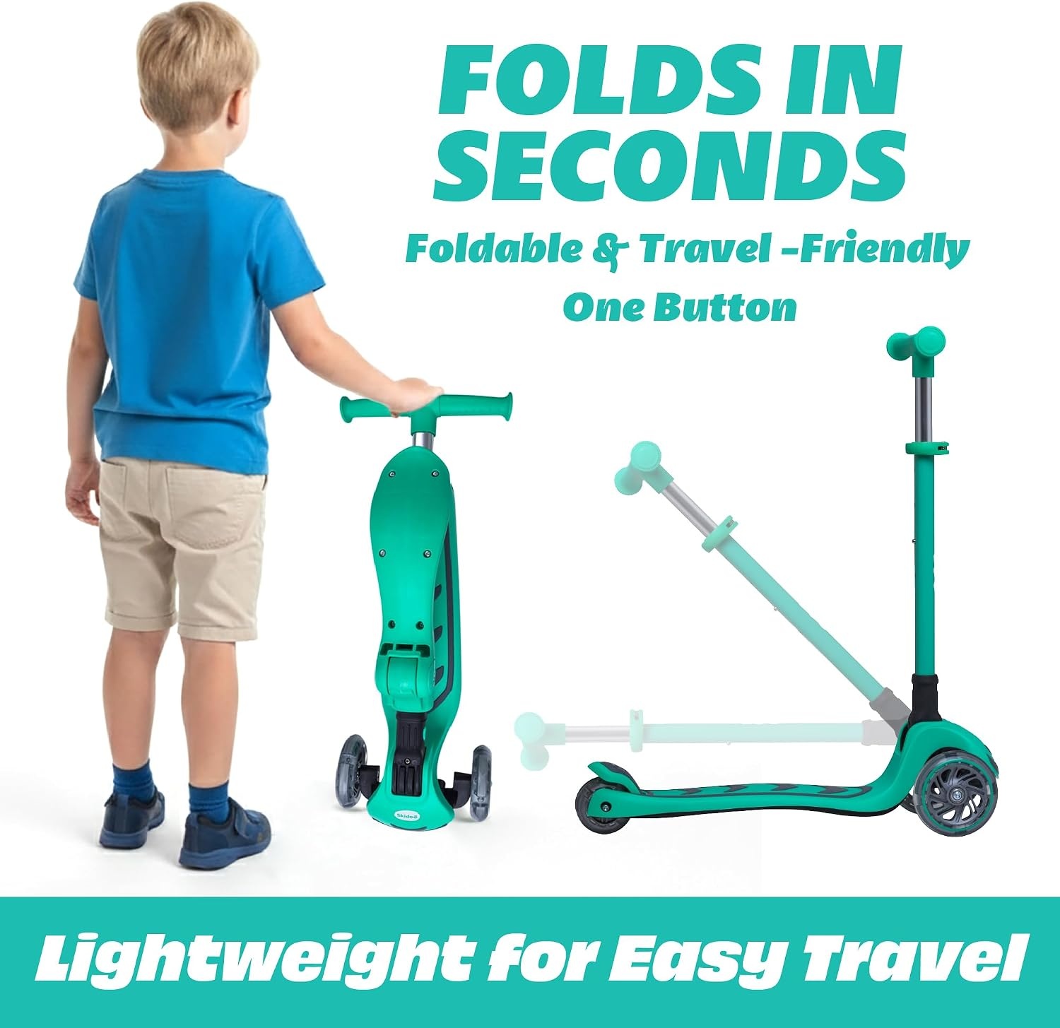 image:imageSKIDEE Kick Scooter for Kids Ages 35 Foldable 3 Wheel Scooter with LeantoSteer Adjustable Height Removable Seat amp LED Light Wheels Toddler Scooter Up to 12 Year Old BoysGirlsMint Green