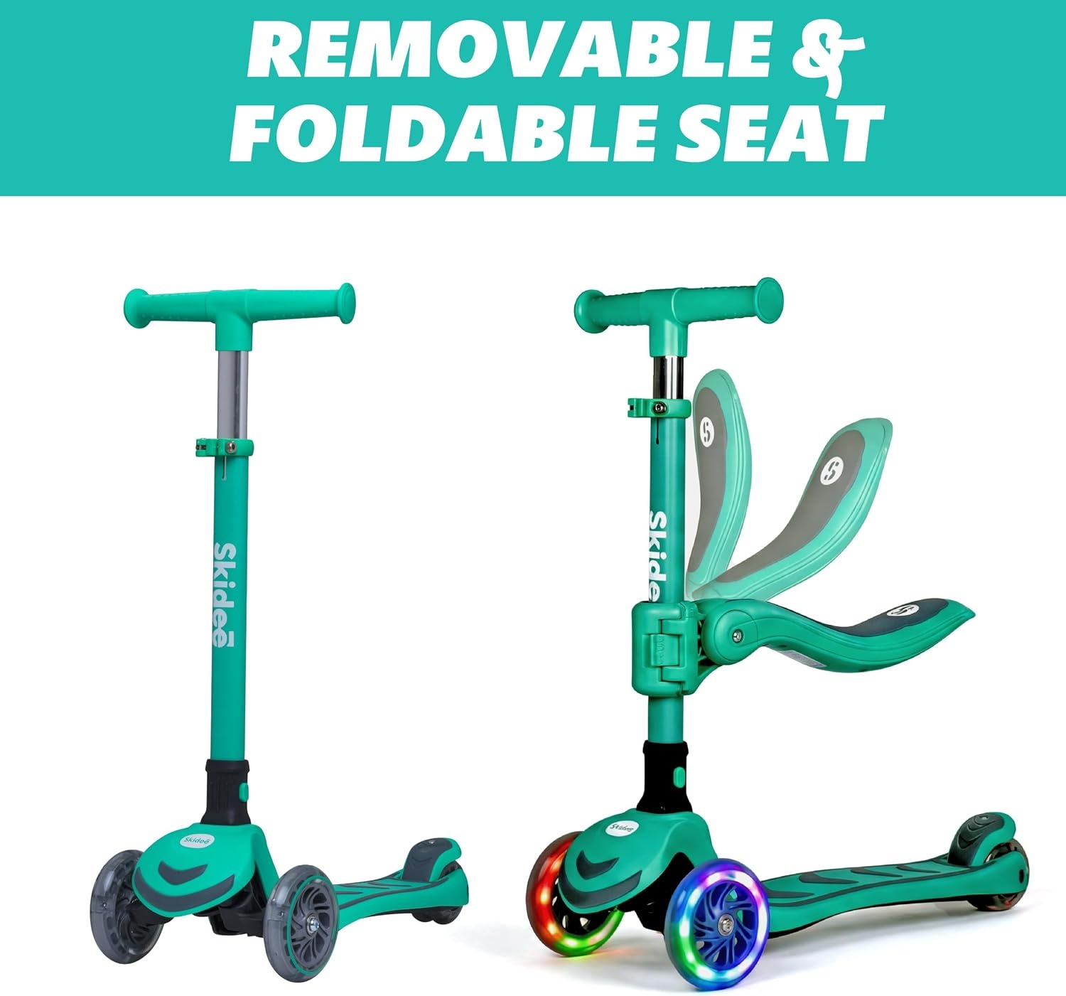 image:imageSKIDEE Kick Scooter for Kids Ages 35 Foldable 3 Wheel Scooter with LeantoSteer Adjustable Height Removable Seat amp LED Light Wheels Toddler Scooter Up to 12 Year Old BoysGirlsMint Green