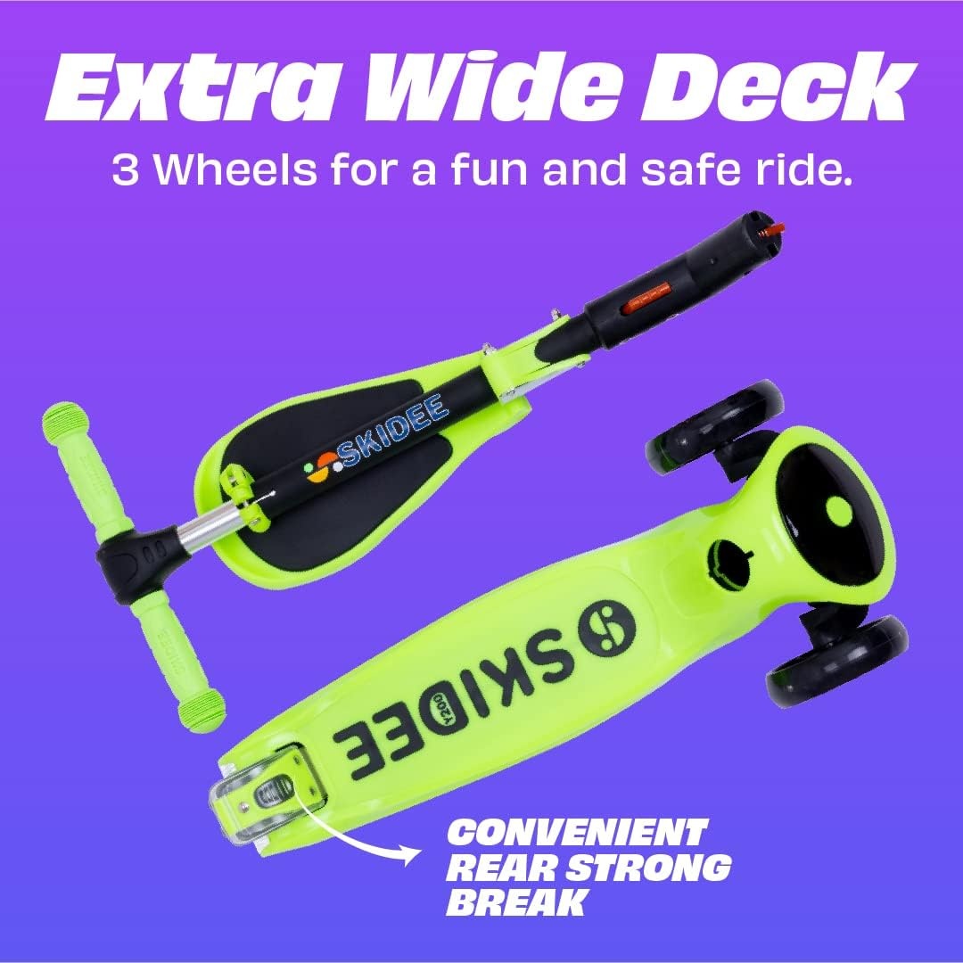 image:imageSKIDEE Kick Scooter for Kids Ages 35 Foldable 3 Wheel Scooter with LeantoSteer Adjustable Height Removable Seat amp LED Light Wheels Toddler Scooter Up to 12 Year Old BoysGirlsGreen