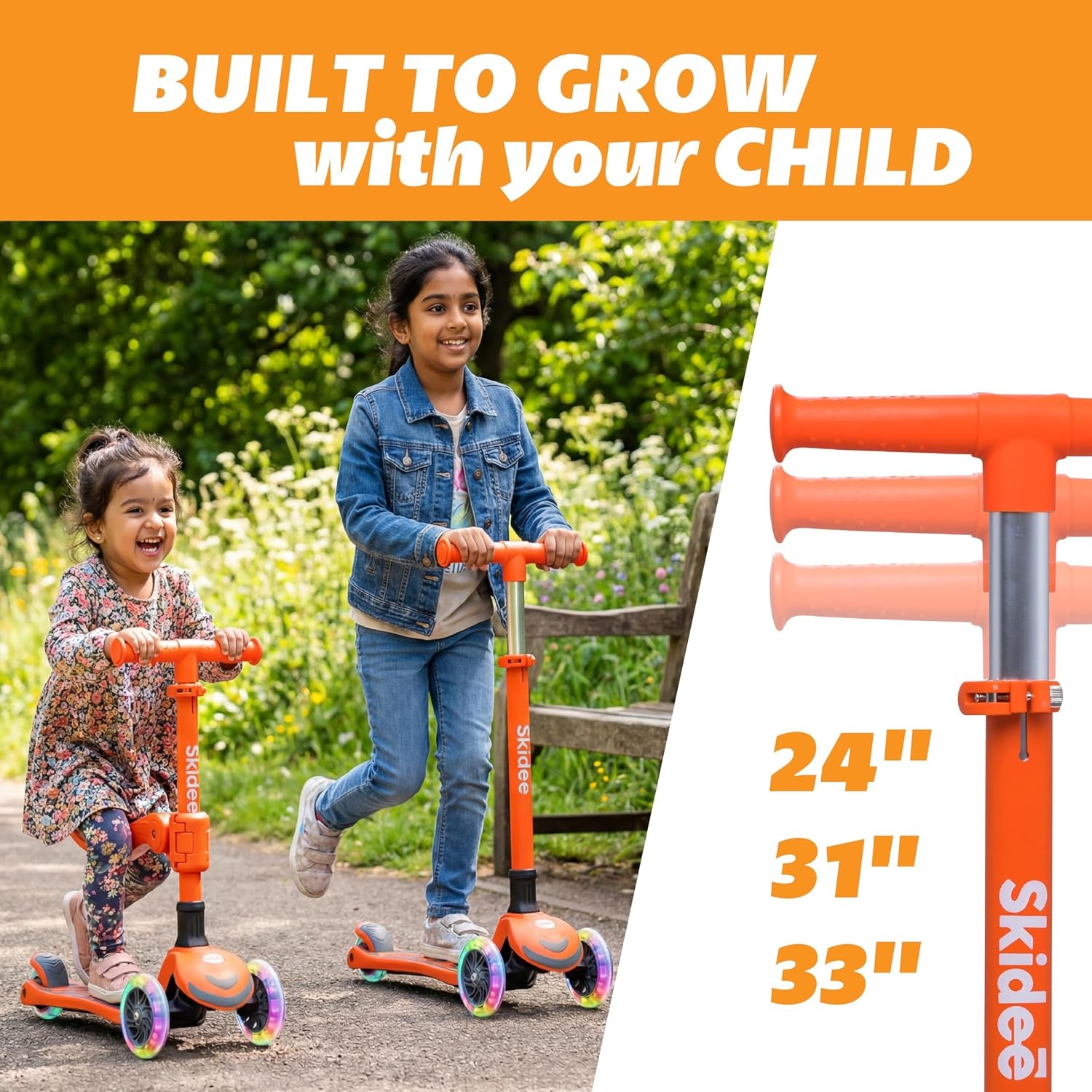 image:imageSKIDEE Kick Scooter for Kids Ages 35 Foldable 3 Wheel Scooter with LeantoSteer Adjustable Height Removable Seat amp LED Light Wheels Toddler Scooter Up to 12 Year Old BoysGirlsNeon Orange