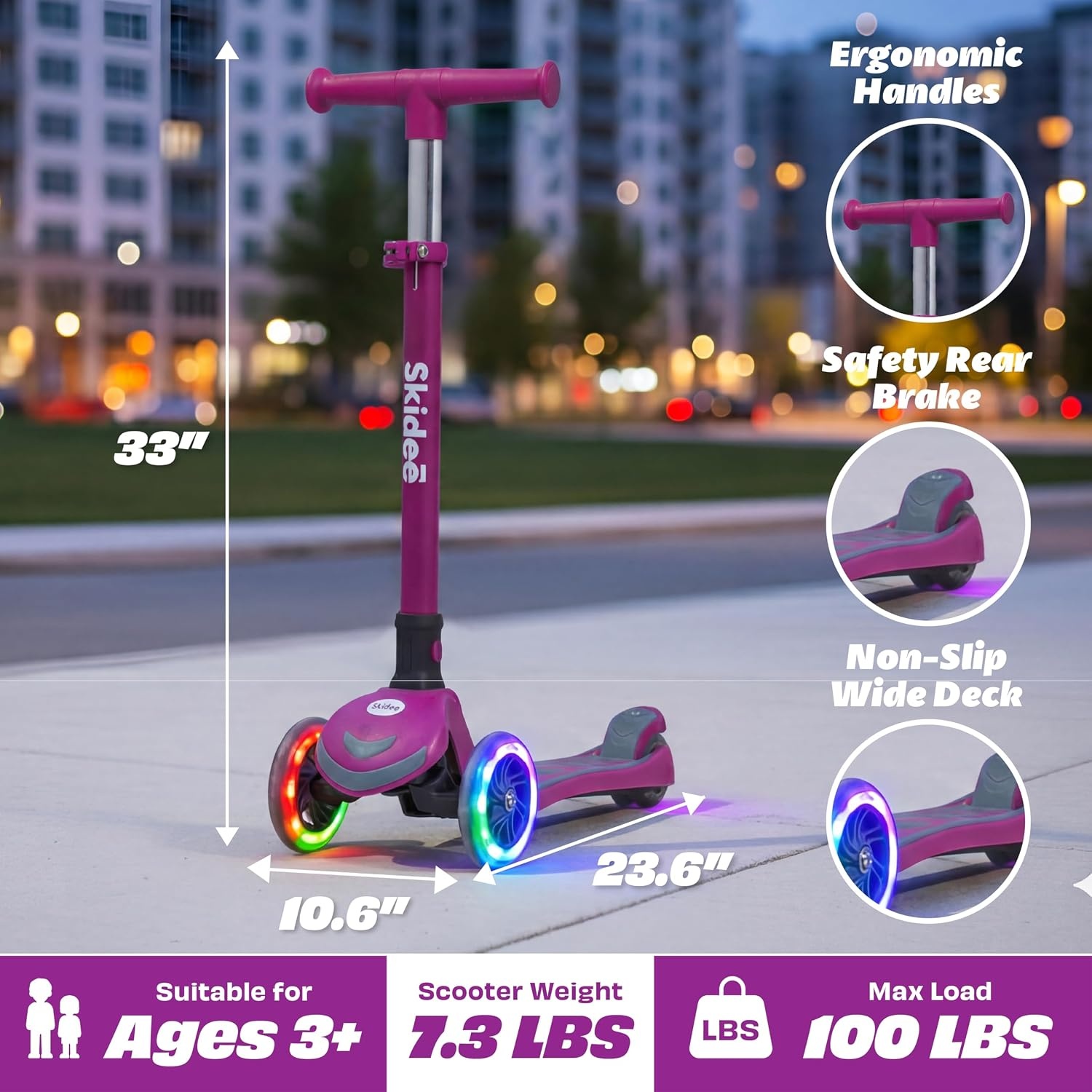 image:imageSKIDEE Kick Scooter for Kids Ages 35 Foldable 3 Wheel Scooter with LeantoSteer Adjustable Height Removable Seat amp LED Light Wheels Toddler Scooter Up to 12 Year Old BoysGirlsRaspberry